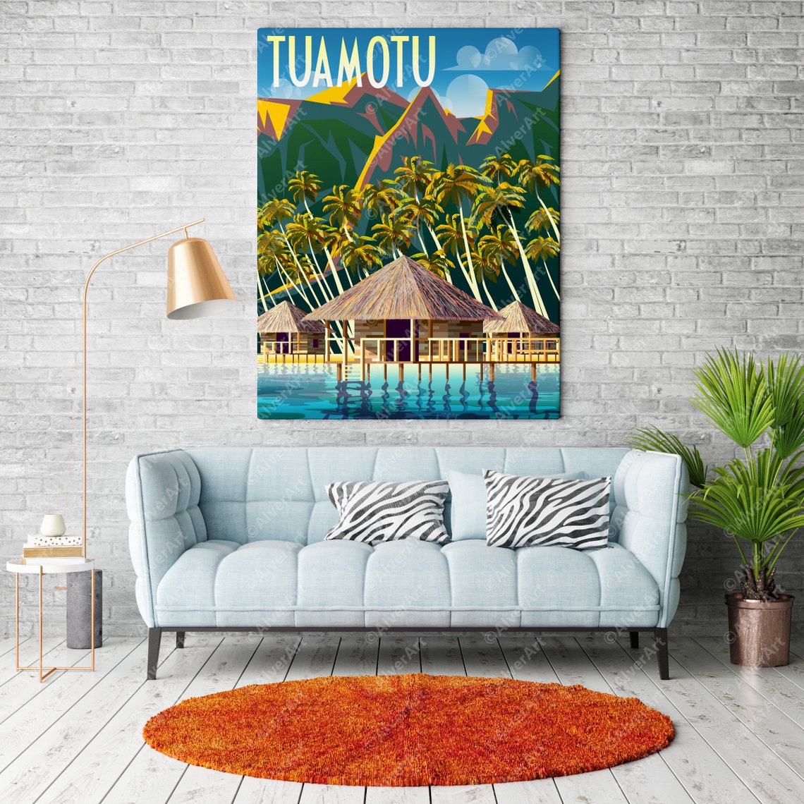 Tuamotu French Polynesia Overwater Bungalows Mountains Poster - Image 2