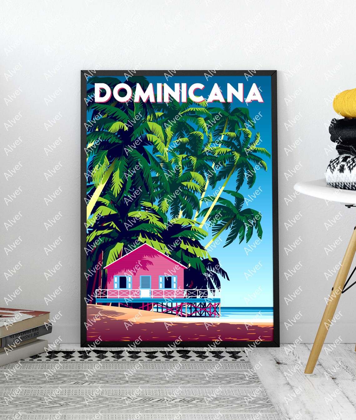Dominicana Pink Beach House Palms Tropical Island Travel Poster - Image 3