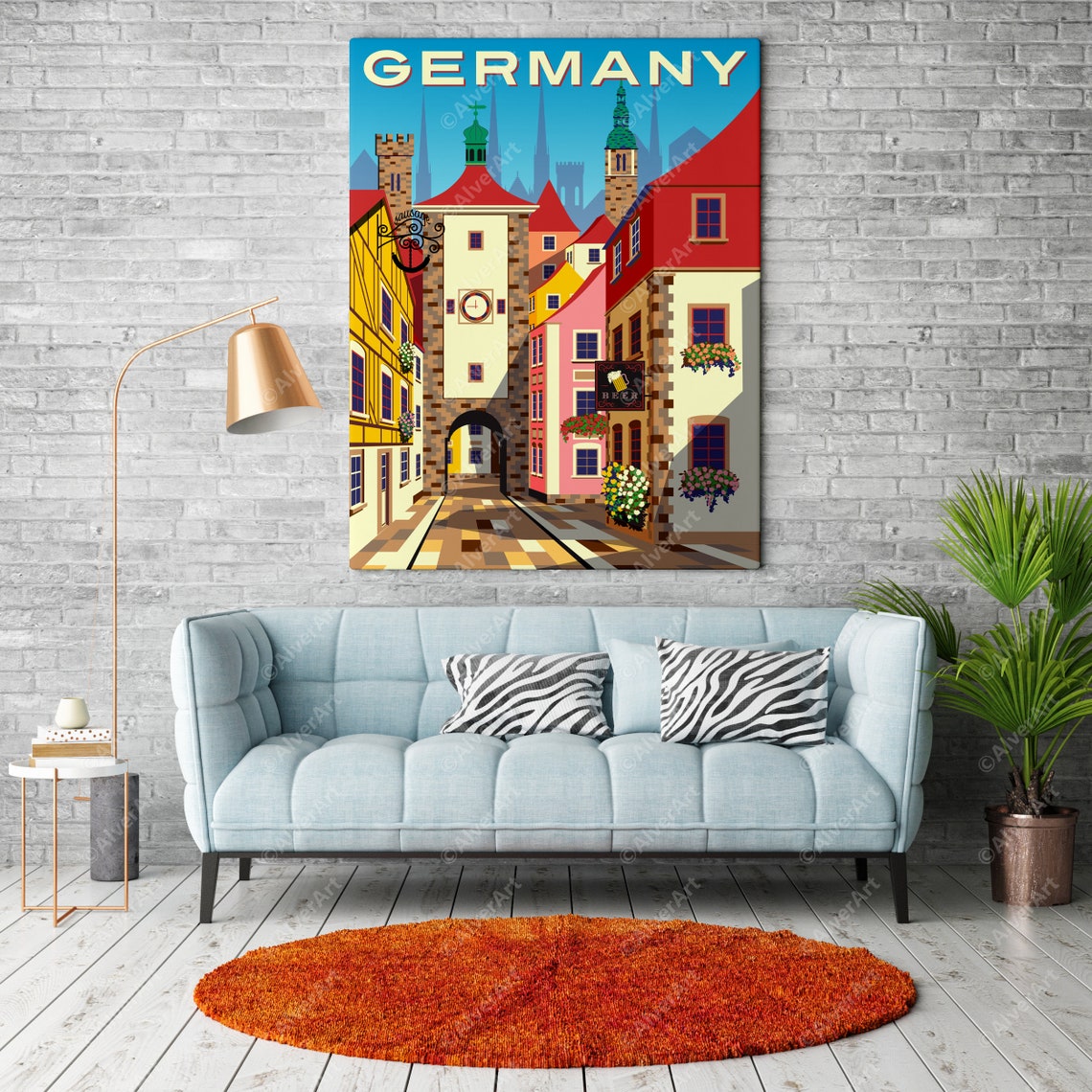 Germany Old Town Clock Tower Cobblestone Street Travel Poster - Image 2