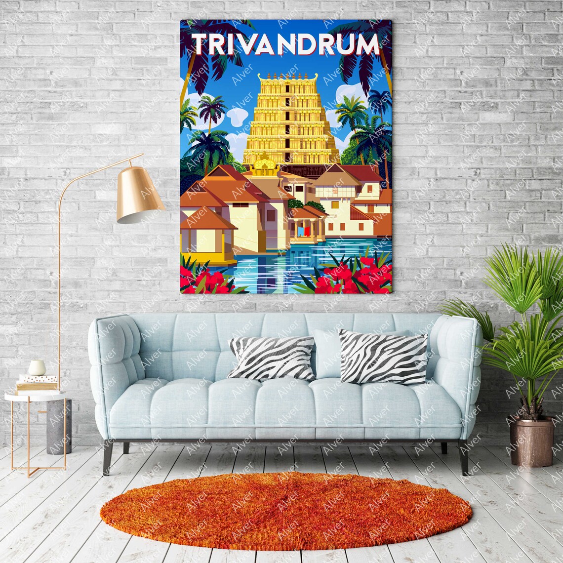 Trivandrum India Golden Temple Tower Palms Retro Travel Poster - Image 2