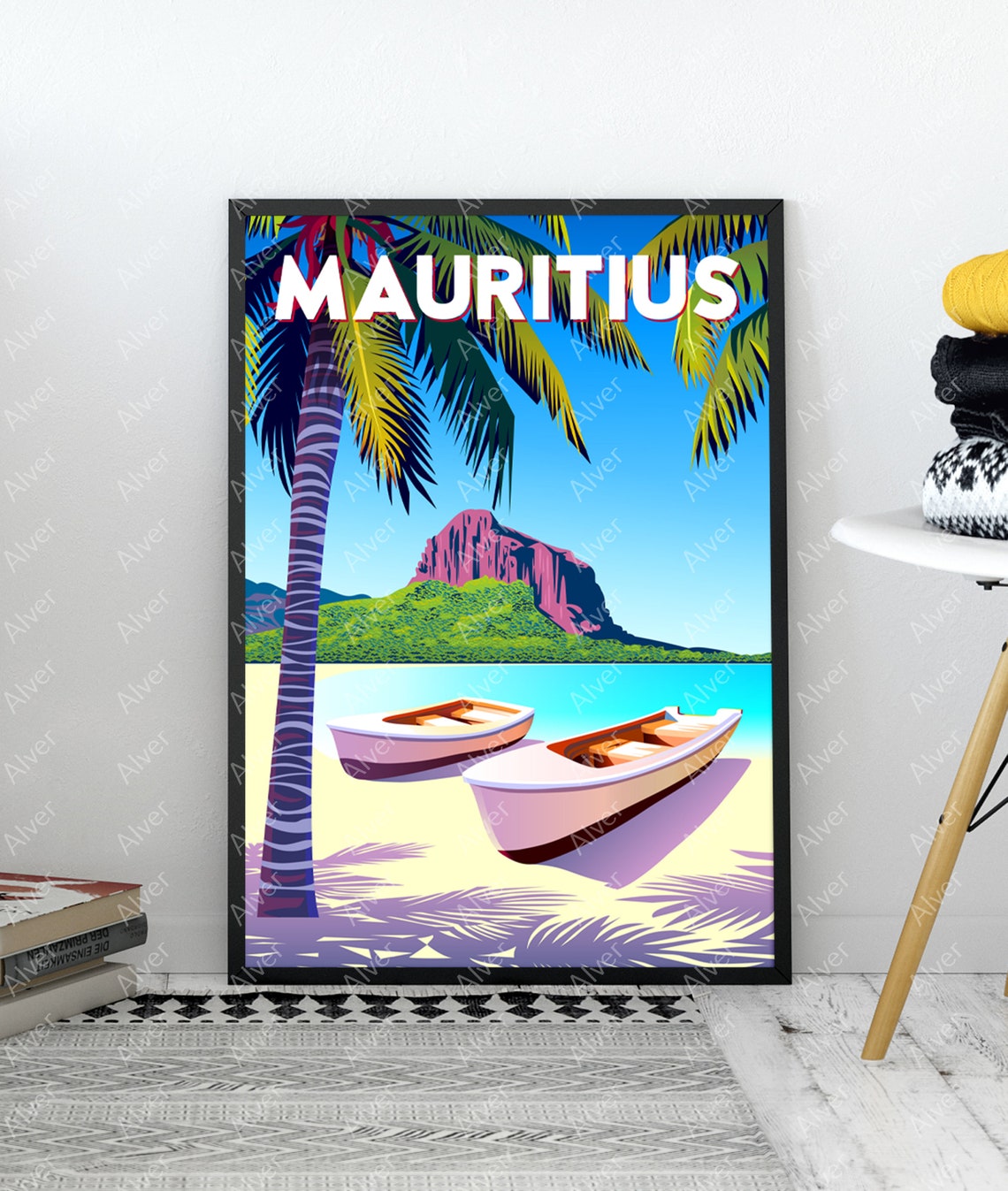 Mauritius Tropical Beach Poster With Boats and Mountain Landscape Art - Image 3