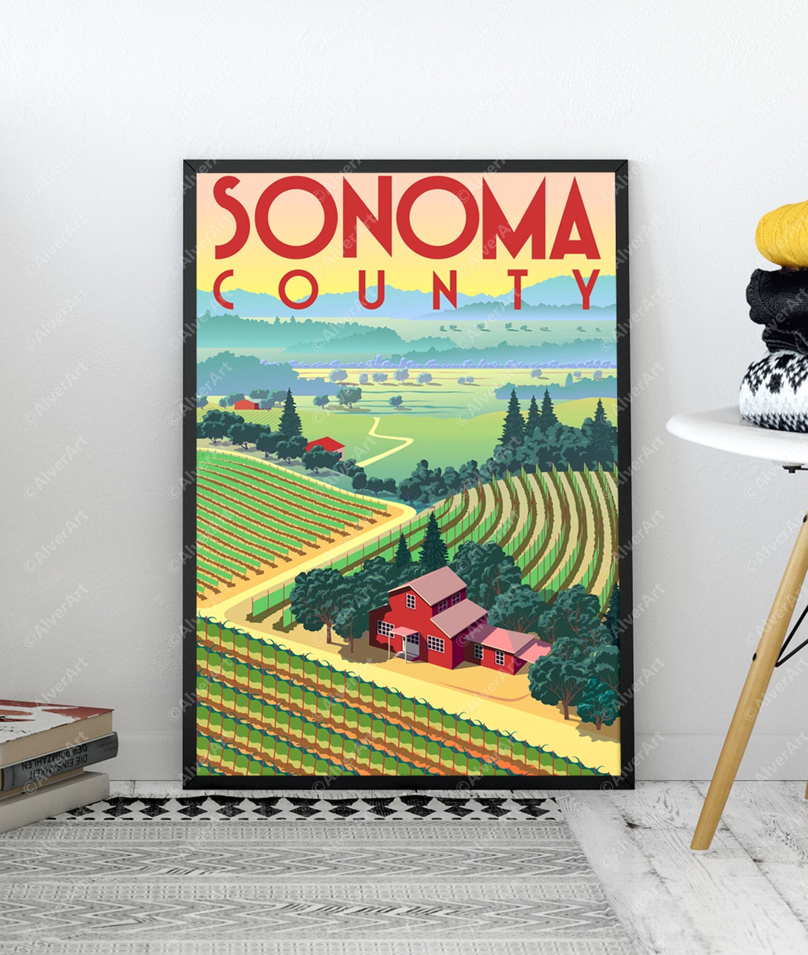 Sonoma County Vineyard Rows Red Barn Wine Country Travel Poster - Image 2