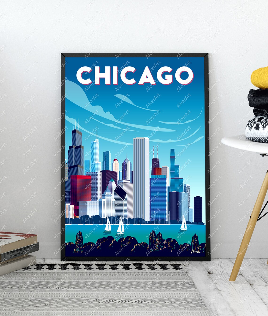 Chicago Skyline Lake Michigan Sailboats Vintage City Travel Poster - Image 3