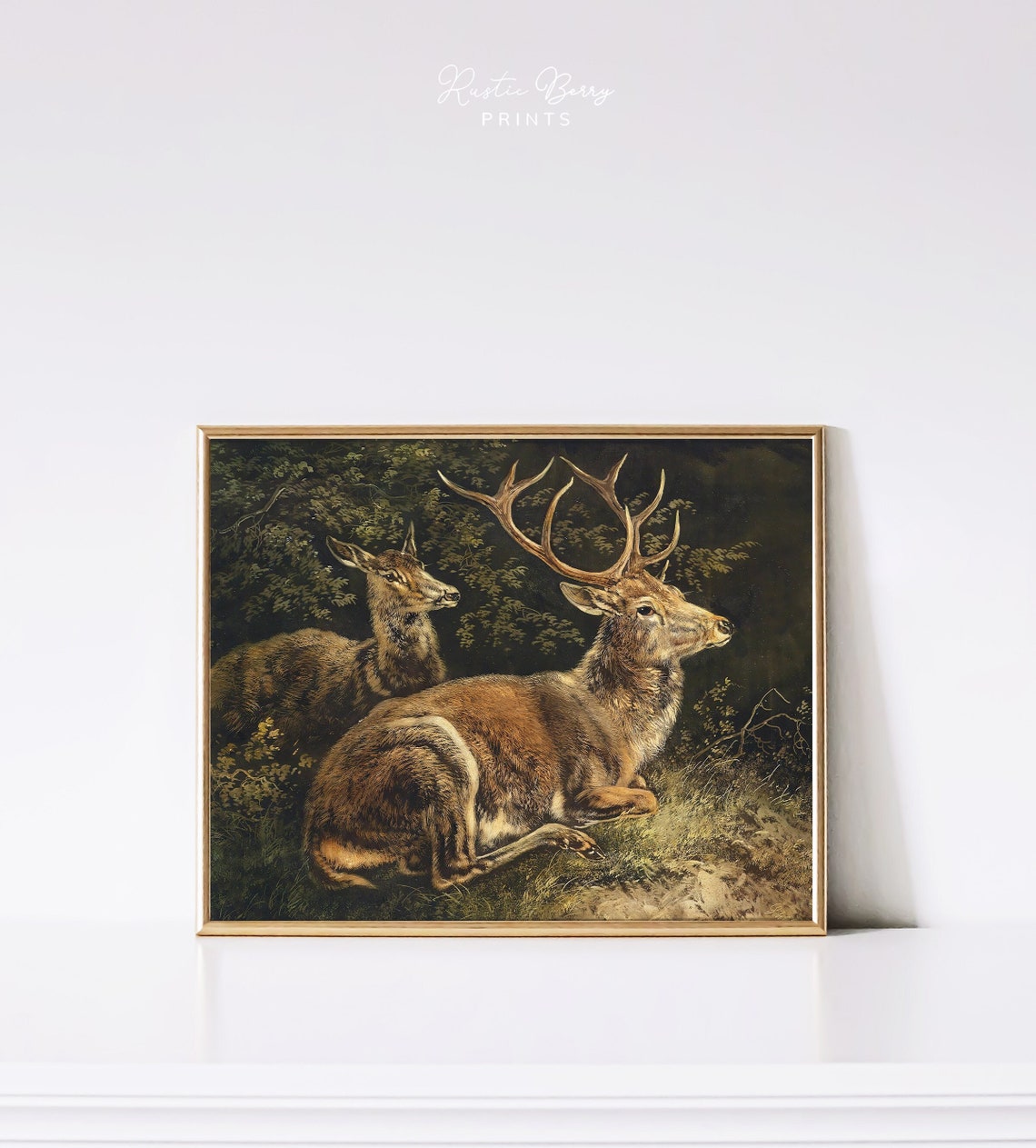 Resting Red Stag and Doe Moody Forest Oil Painting Style Art Print