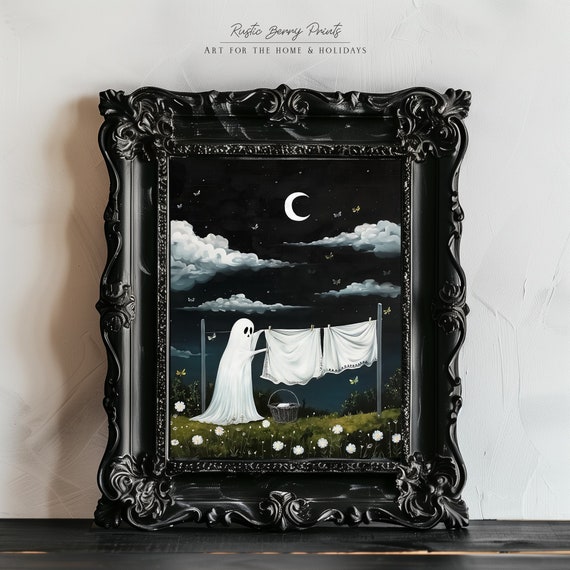 Cute Ghost Laundry Art Print Wall Art Halloween Decor Vintage Print Spooky Ghost Painting Instant