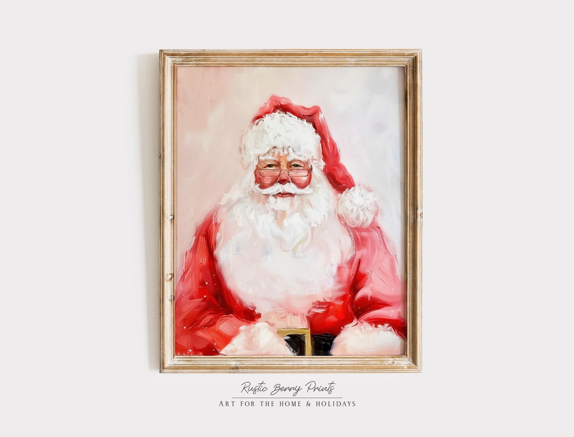 Santa Claus Portrait Red Suit Glasses Blush Pink Painterly Print