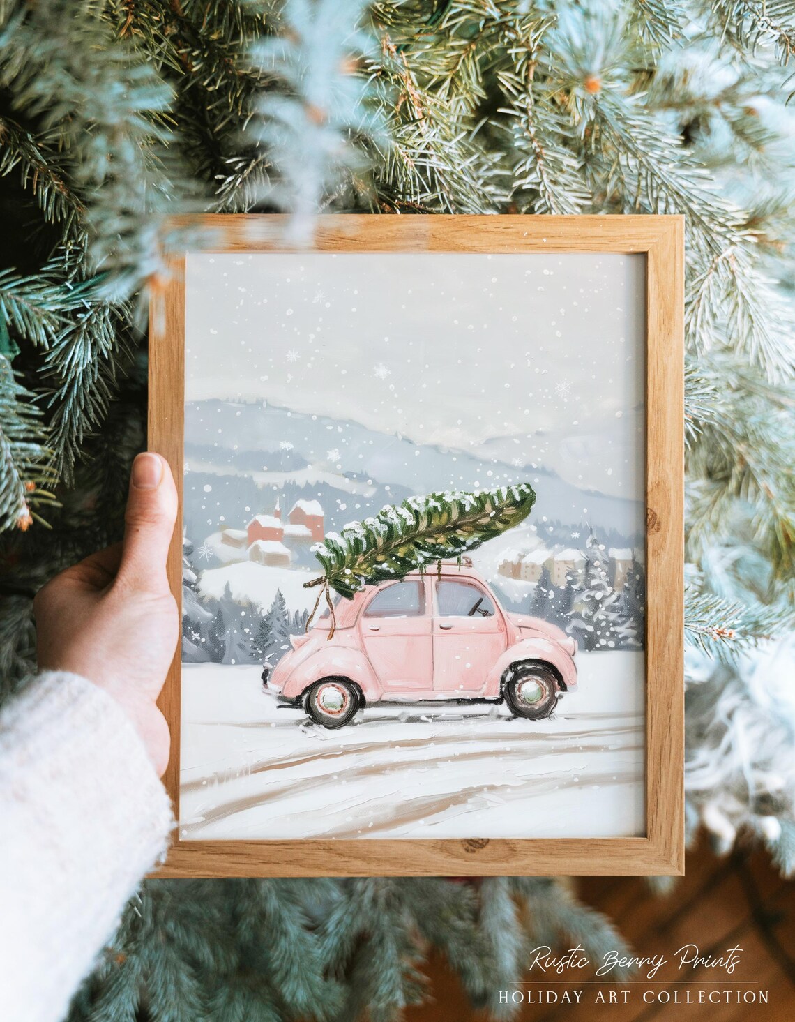 Pink Vintage Car With Christmas Tree On Roof Snowy Village Art Print
