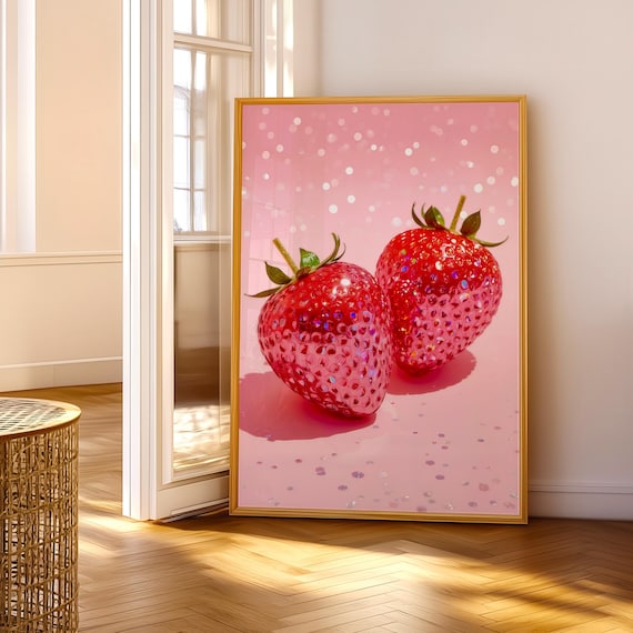 Sparkling Pink Disco Ball Strawberries Glam Kitchen Pop Art Poster