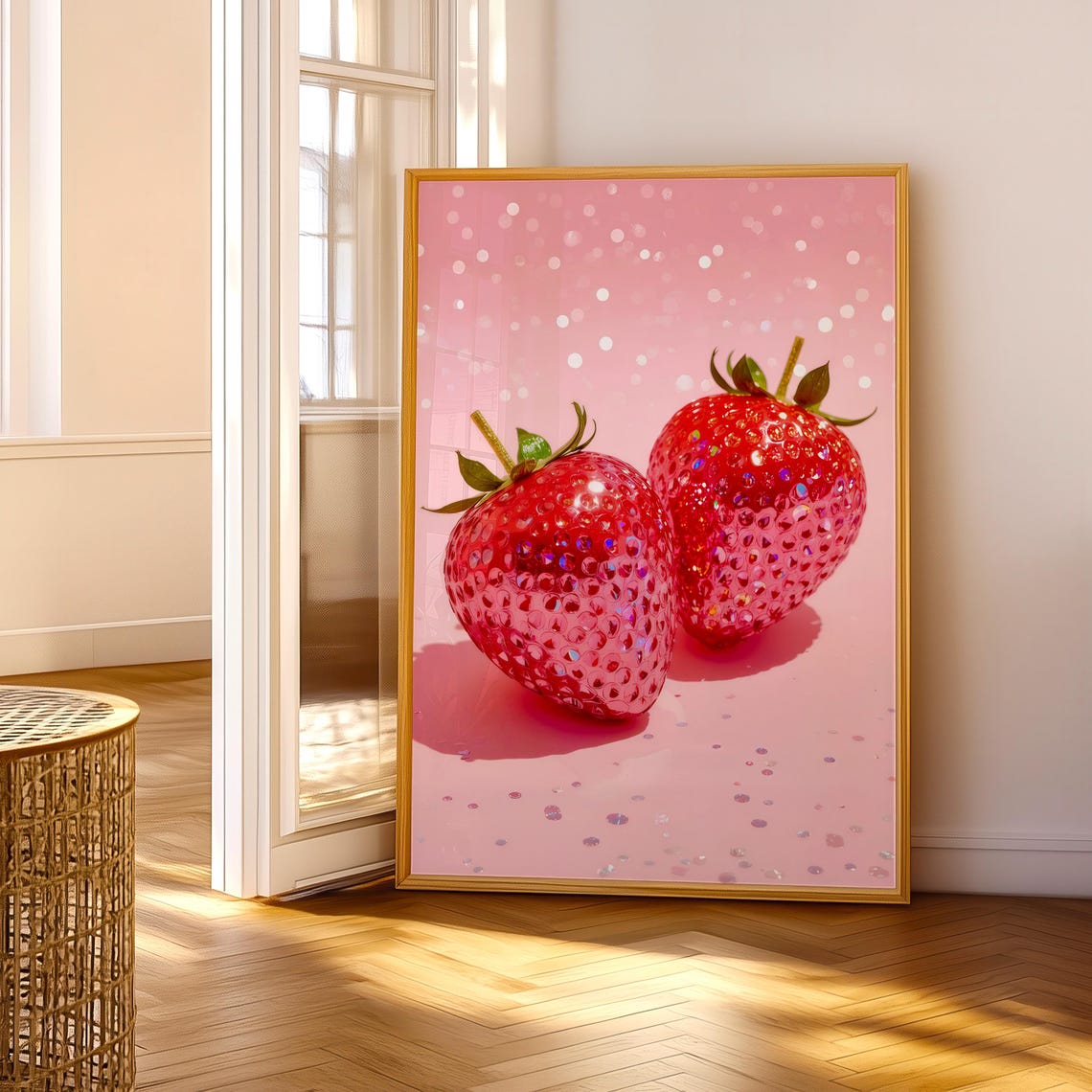 Sparkling Pink Disco Ball Strawberries Glam Kitchen Pop Art Poster