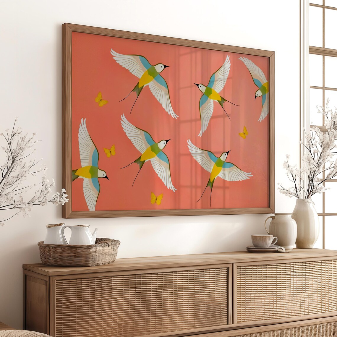 Pink Birds Abstract Art Feminine Apartment Decor Print
