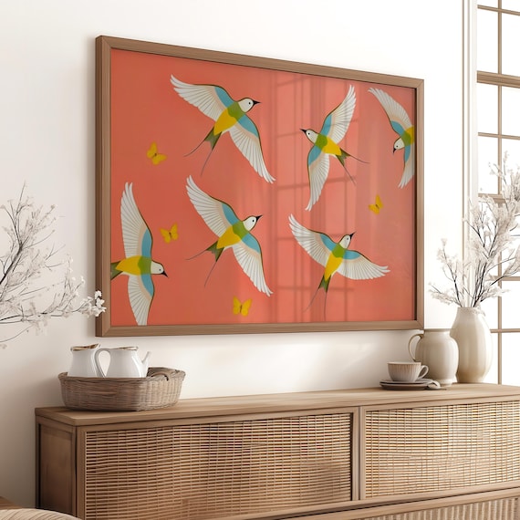 Pink Birds Abstract Art Feminine Apartment Decor Print