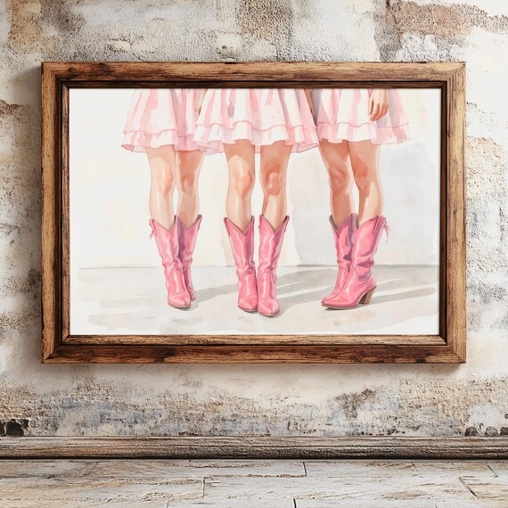 Pink Cowgirl Boots Trio Watercolor Western Girl Room Decor Cute Art Poster