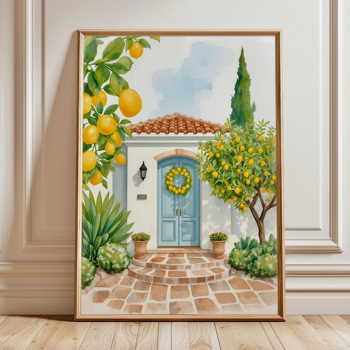 Amalfi Lemon Villa Blue Door Mediterranean Watercolor Art Print