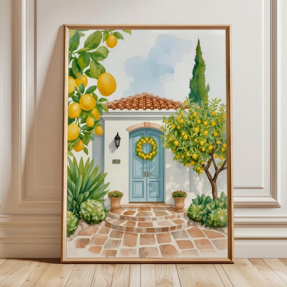 Amalfi Lemon House Watercolor Print Italian Lemons Wall Art Mediterranean Kitchen Decor Coastal Summer Poster Instant