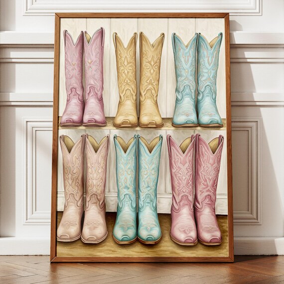Six Pairs of Pastel Pink Blue and Cream Cowboy Boots Illustration Poster