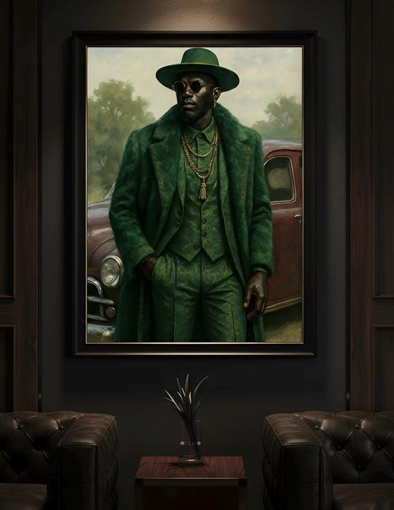 Green Suit Art Print Retro African Man Vintage Car Illustration Black Fashion Wall Decor