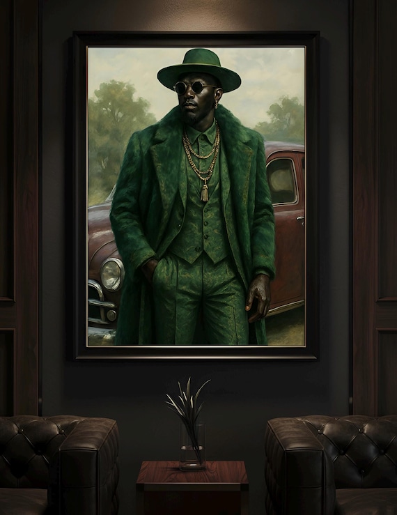 Man in Green Suit Retro Portrait Art Print with Vintage Car and Gold Chains