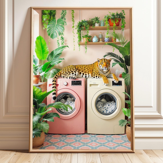 Laundry Leopard Wall Art Room Decor Washroom Print Pastel Maximalist Style