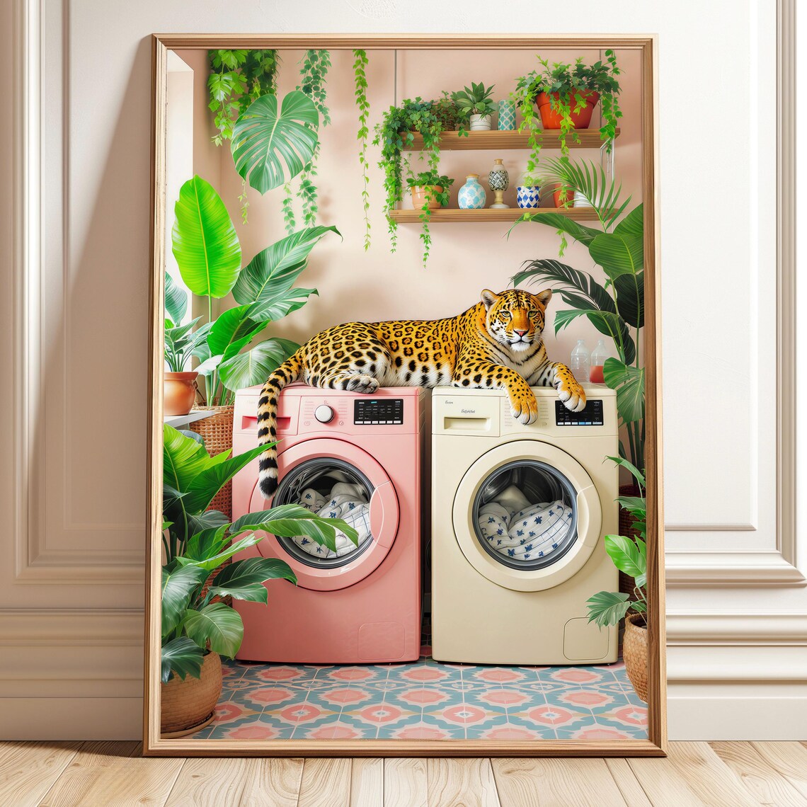 Laundry Leopard Wall Art Room Decor Washroom Print Pastel Maximalist Style