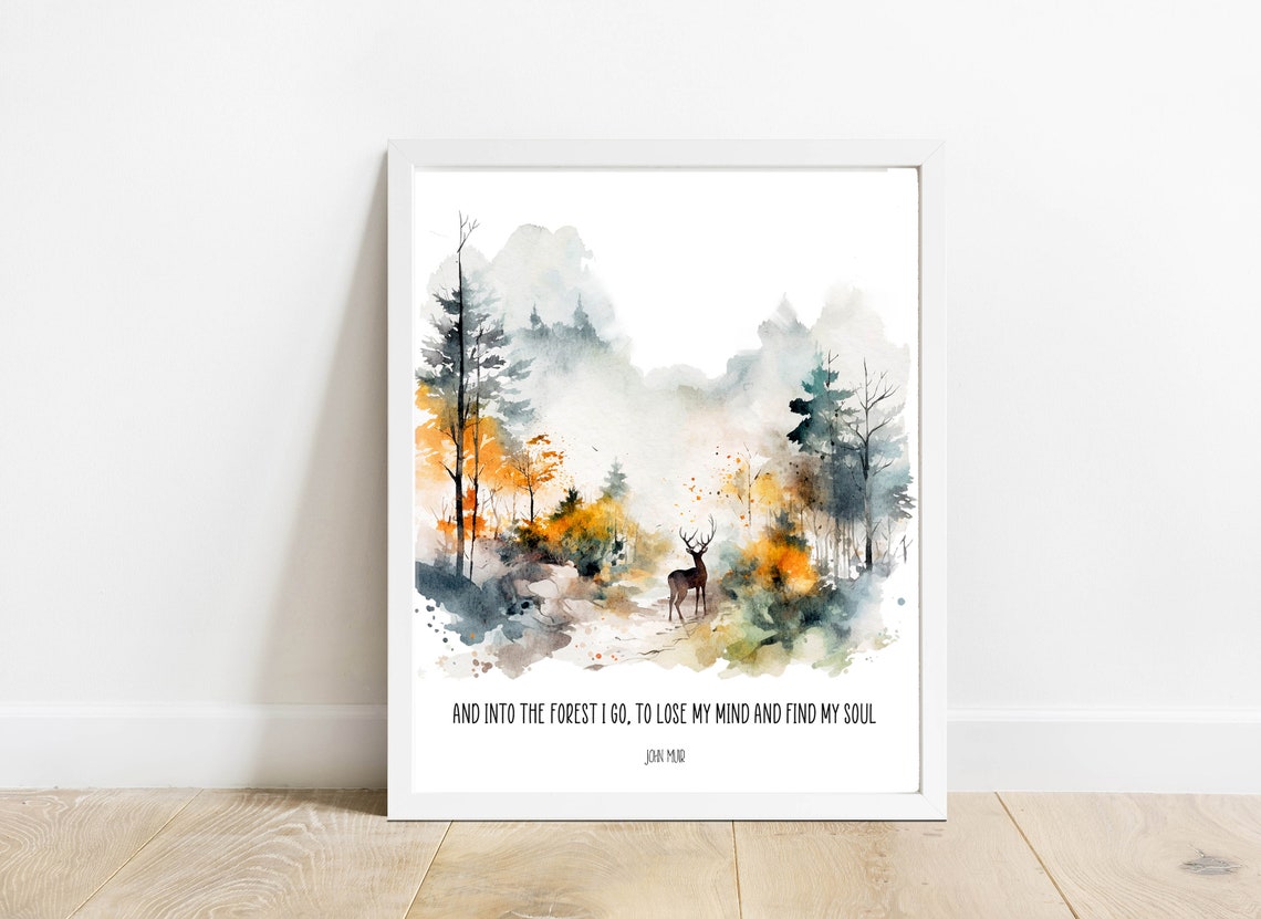 And Into The Forest I Go John Muir Quote Watercolor Deer Woods Poster - Image 2