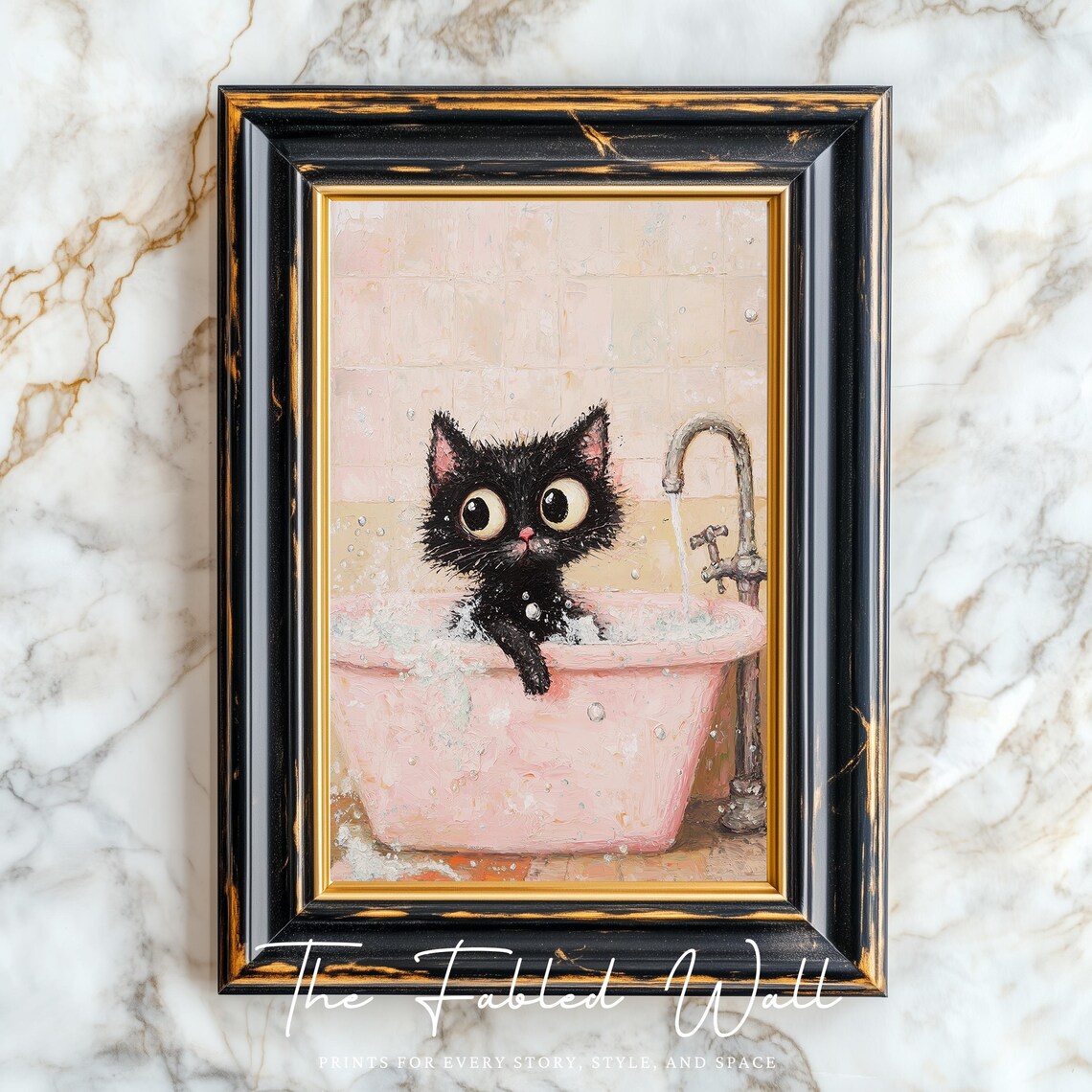 Bubble Trouble Cat Art, Whimsical Bath Decor - Image 2