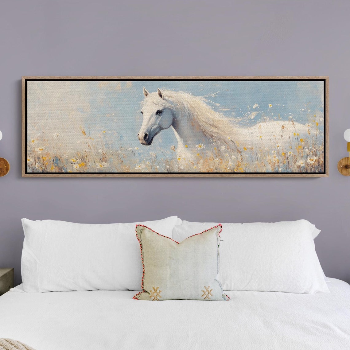 White Horse Running Through Daisy Field Panoramic Equine Poster