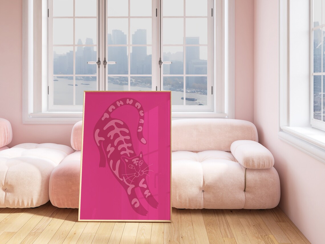 Hot Pink Stretching Tiger Tone on Tone Maximalist Art Poster - Image 3