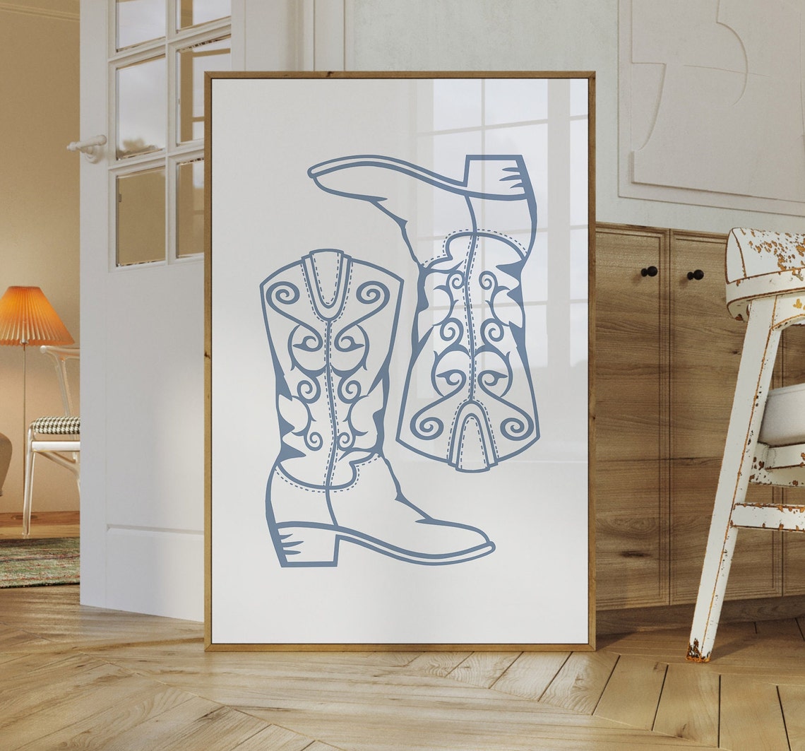 Blue Line Art Cowboy Boots Pair Western Minimalist Decor Poster - Image 3