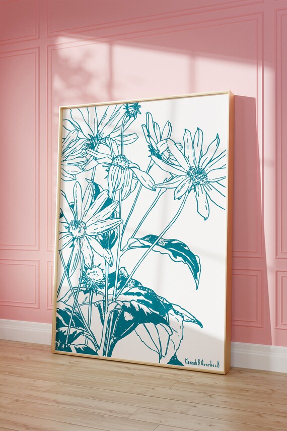 Teal Wildflower Line Art Botanical Illustration White Art Poster