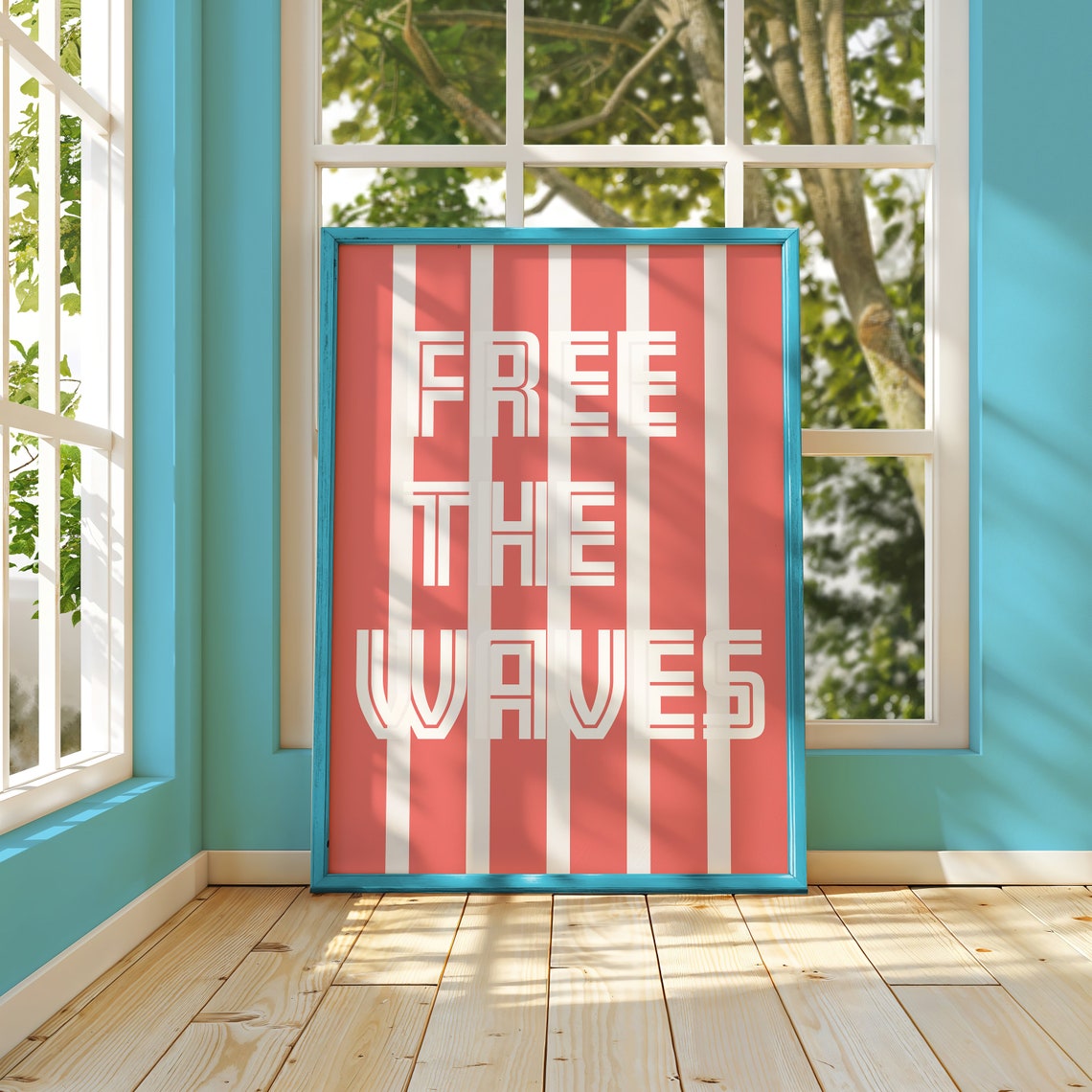 Free the Waves Cream Stripes on Coral Landscape Retro Surf Poster - Image 2