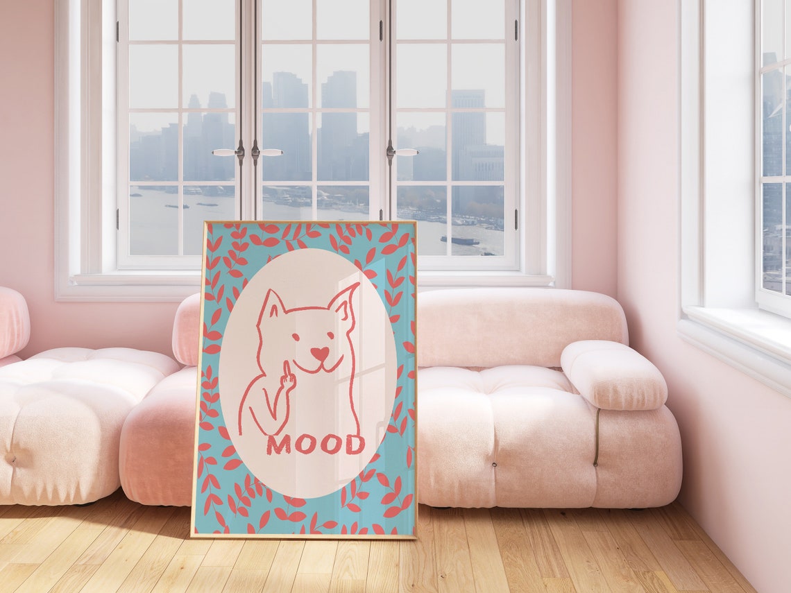 Mood Funny Cat Line Drawing Coral Floral Teal Background Print - Image 2
