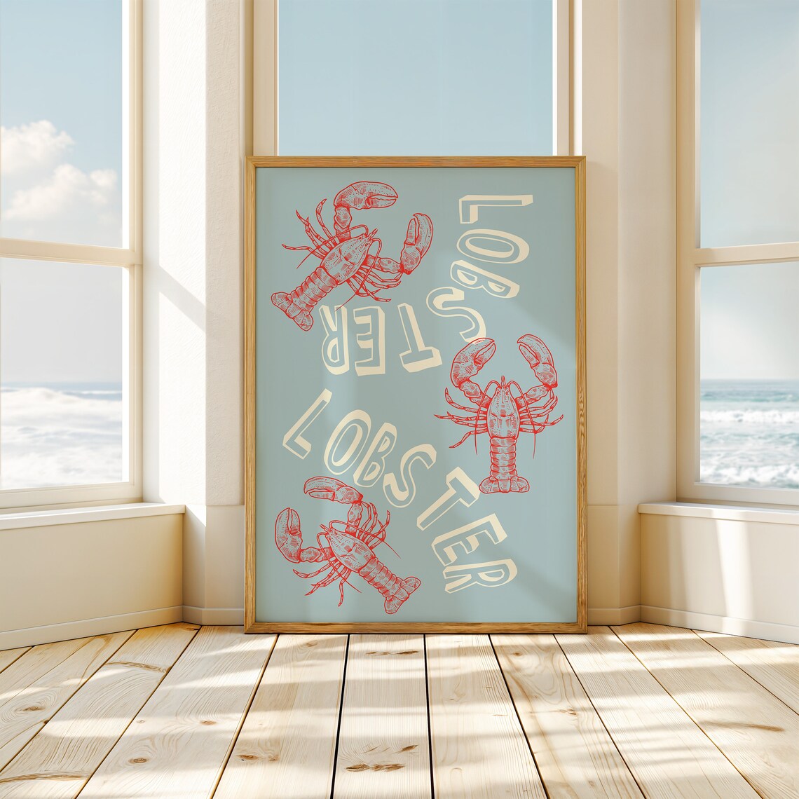 Lobster Lobster Red Illustration Blue Coastal Kitchen Wall Art