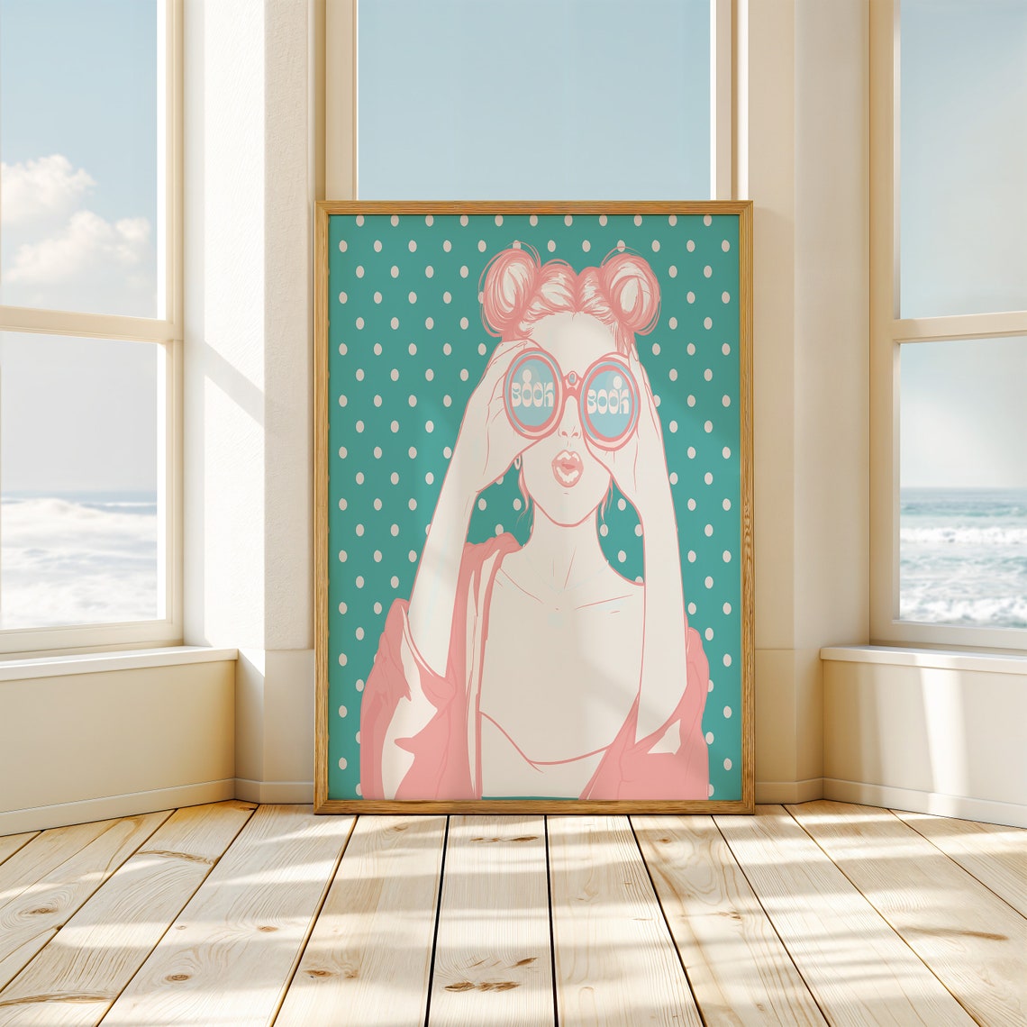 Book Lover Pink Binoculars Polka Dot Retro Reading Art Poster - Image 3