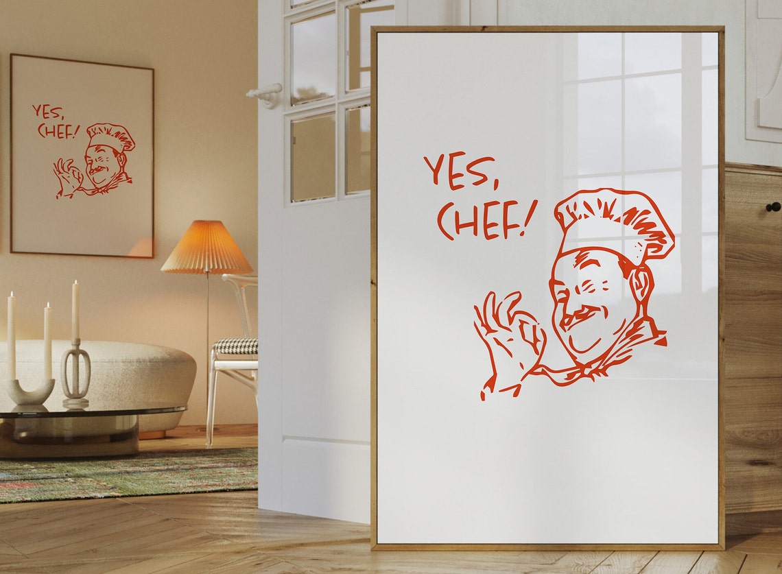Yes Chef Red Line Drawing Winking Retro Chef Kitchen Art Poster - Image 2