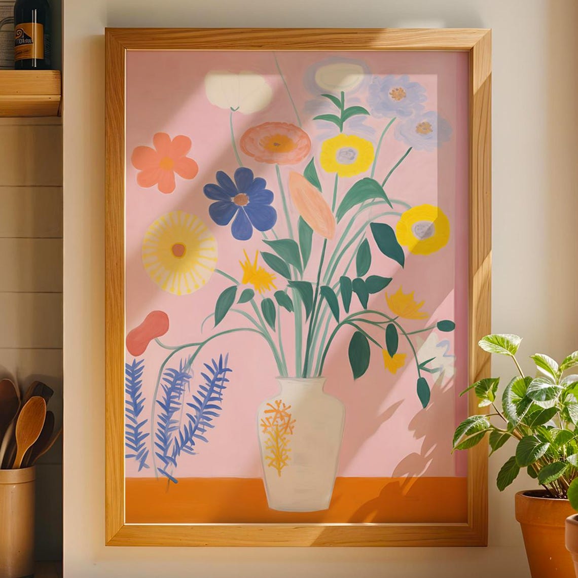 Colorful Flower Vase Pink Background Modern Floral Wall Poster