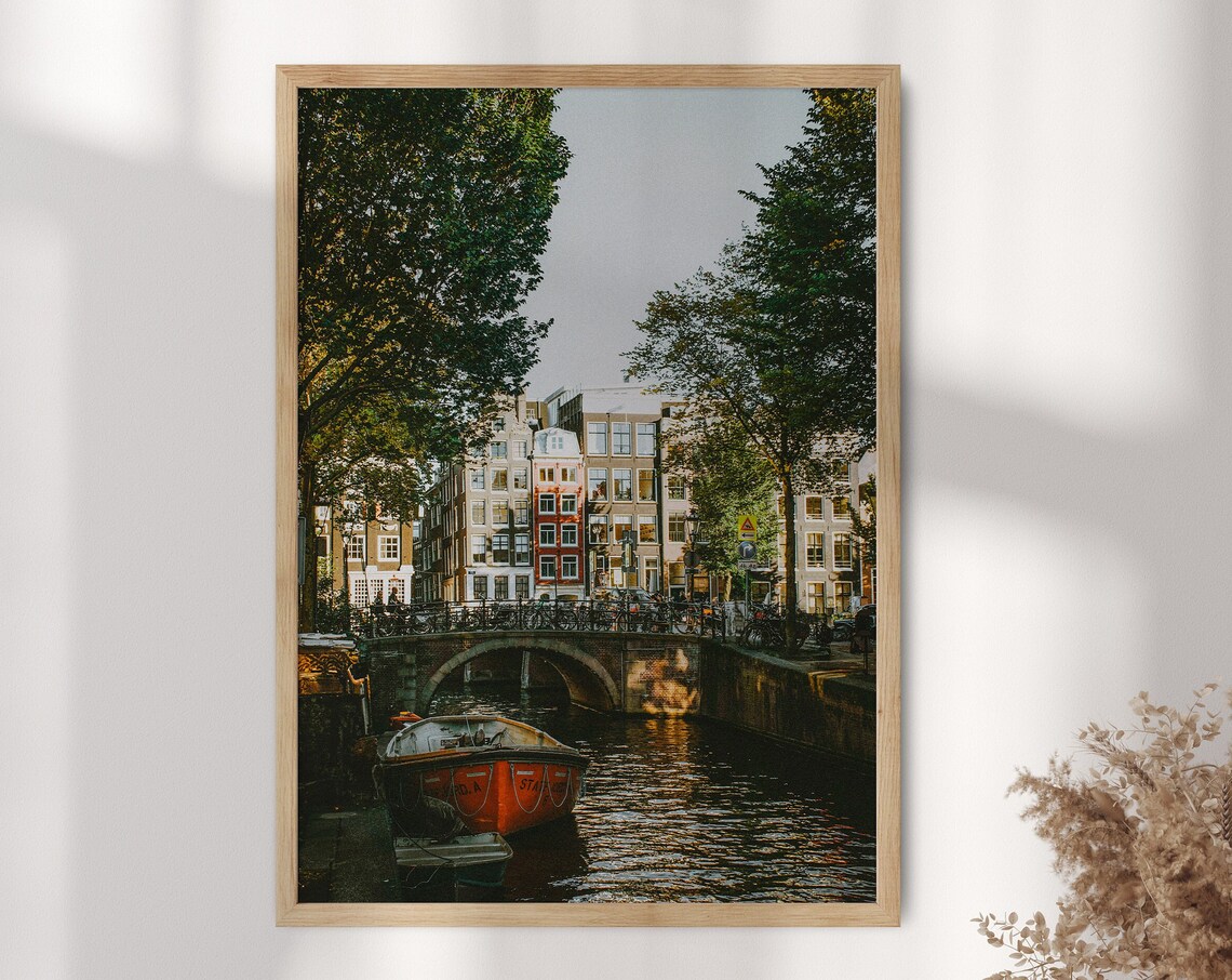 Amsterdam Canal Bridge Brick Boat Photography Poster Netherlands