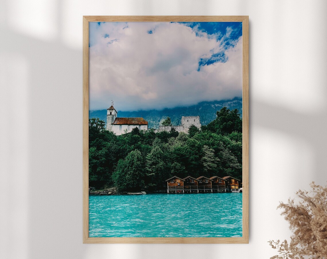 Brienz Switzerland Turquoise Lake Church and Boathouses Photo Poster