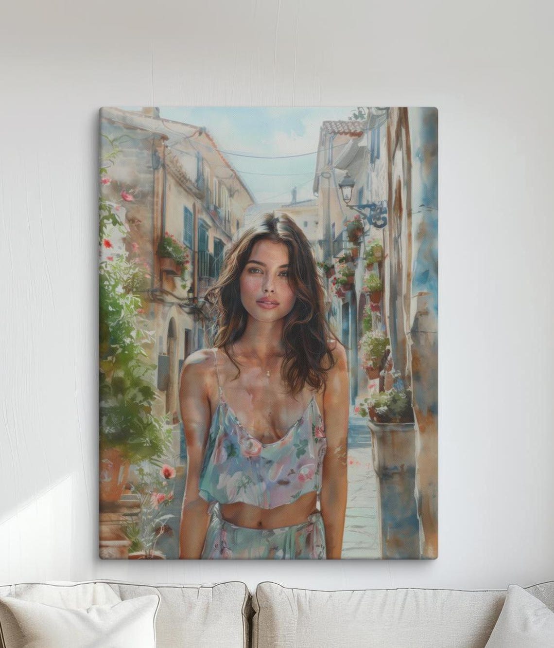 Charming Street Portrait Art Print Elegant Woman In Floral Dress Wall Art Decor Vibrant Cityscape Pictures For Home