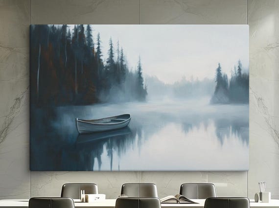 Misty Lake With Boat, Foggy Forest Landscape Art Print