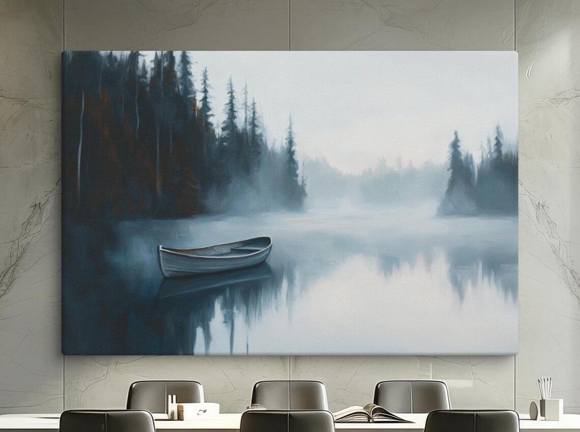 Misty Lake With Boat, Foggy Forest Landscape Art Print