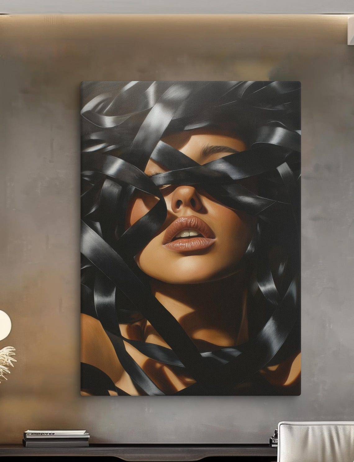 Woman Face Entwined Black Ribbons Dramatic Sensual Portrait Art Poster