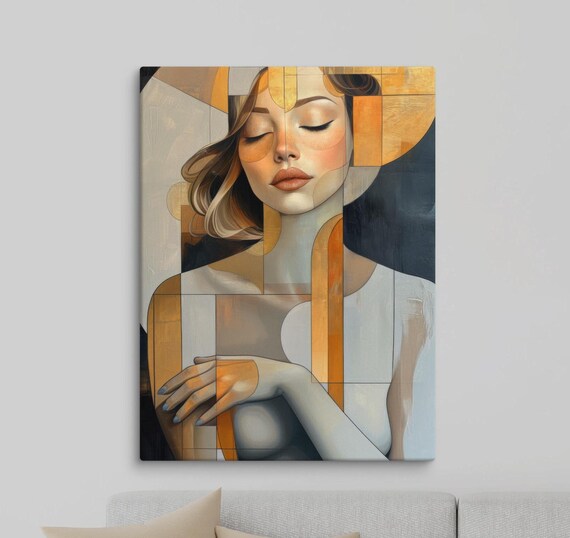 Geometric Golden Woman Portrait Eyes Closed Black Gold Abstract Wall Art