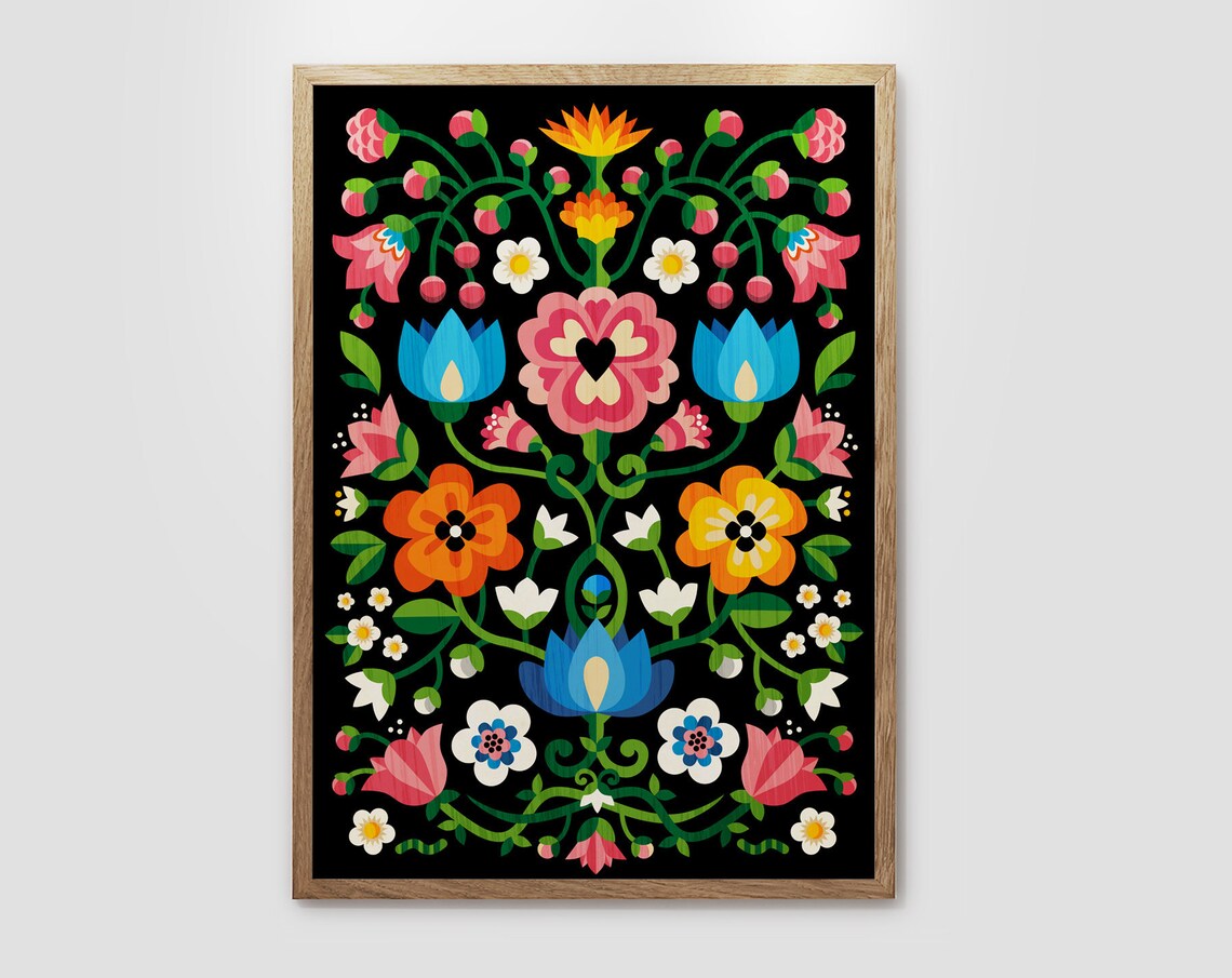Mountain Flowers Art Print, Folk Motif Home Decor