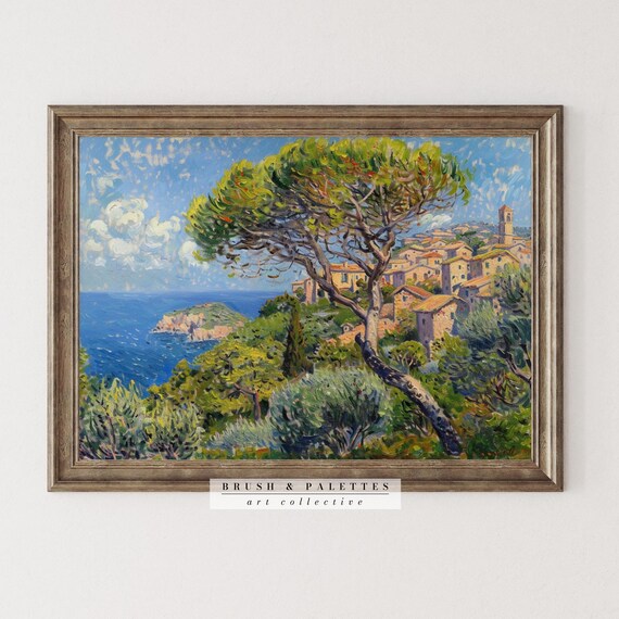 Mediterranean Village On Coastal Hill Impressionist Blue Sea Painting Poster