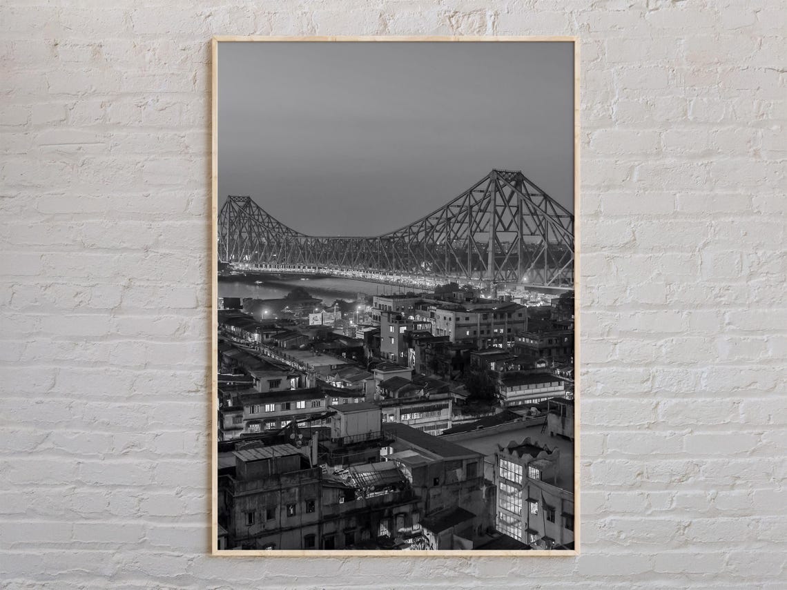 Kolkata Howrah Bridge Night Black White Landmark Landscape Poster