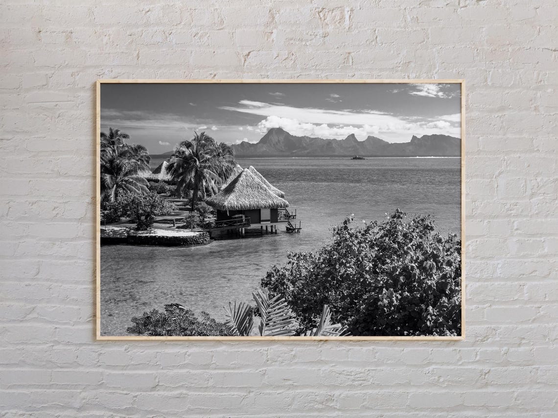 Tahiti Overwater Bungalows Black and White Tropical Lagoon Poster