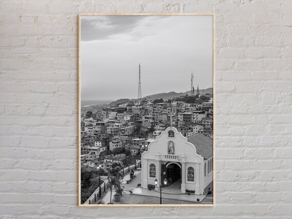 Ecuador Hillside Town Church Black and White Photography Poster