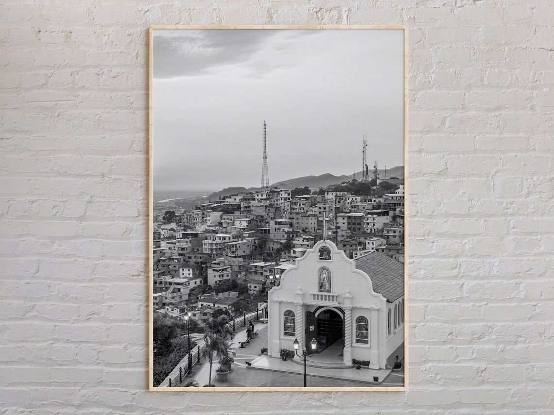 Ecuador Hillside Town Church Black and White Photography Poster
