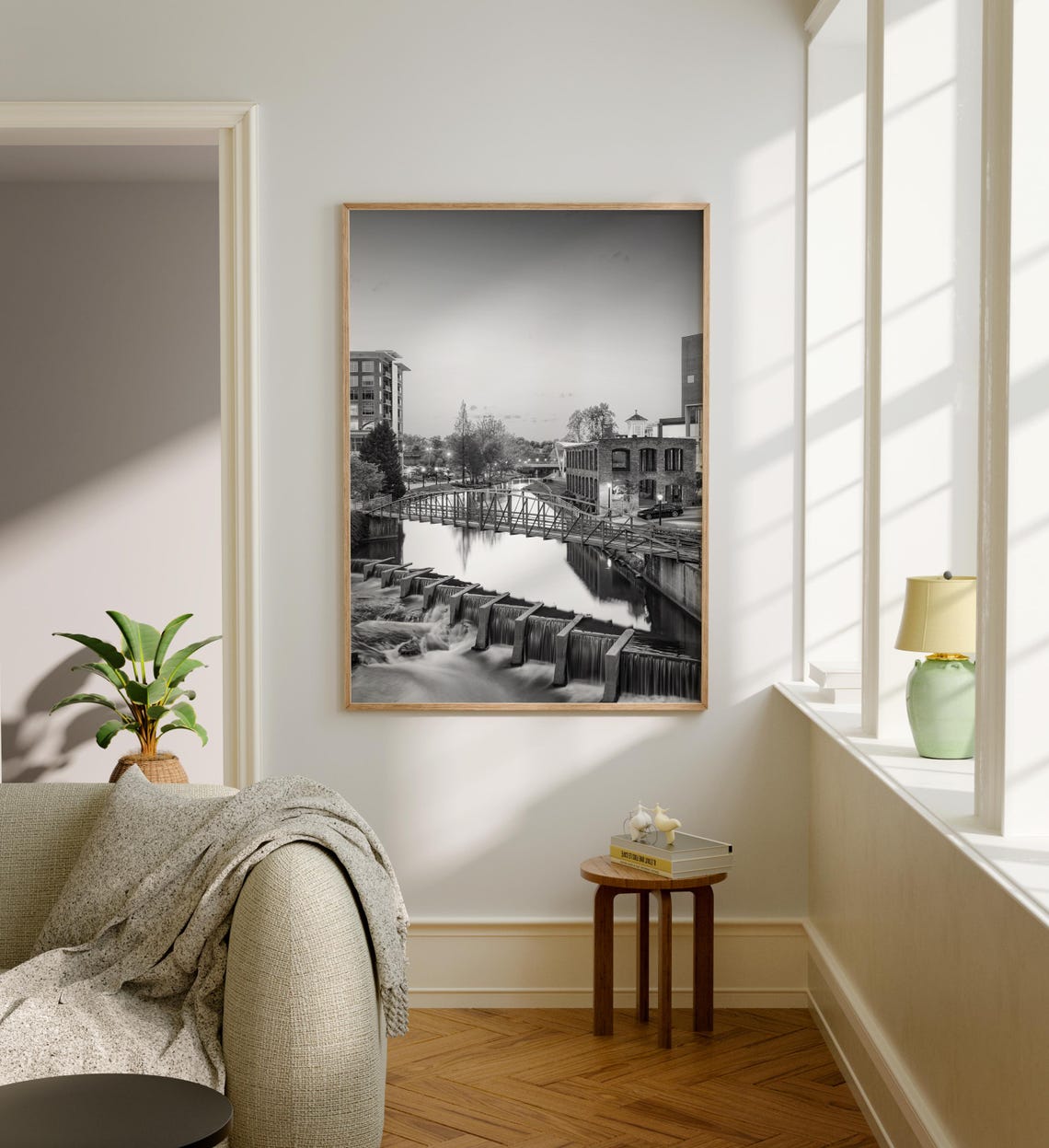 Greenville Riverfront Waterfall Bridge Black White Scenic Poster - Image 5