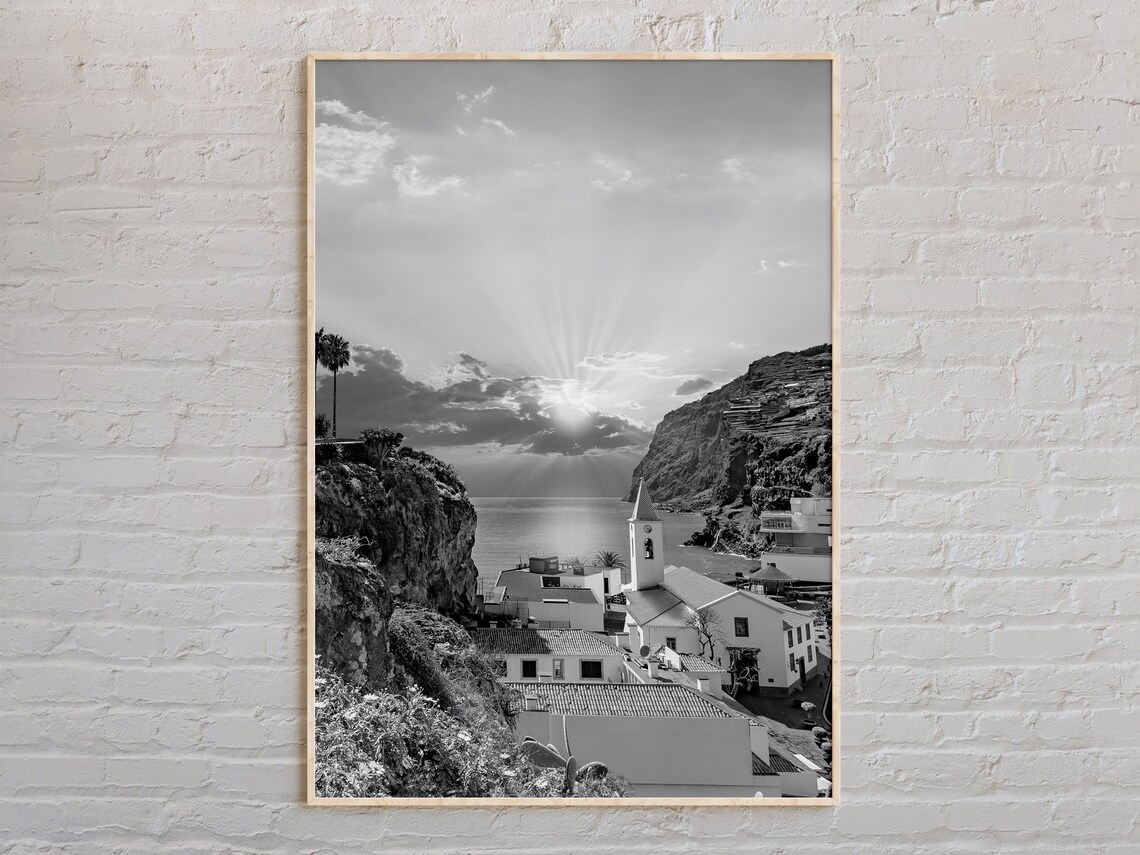 Portugal Coastal Cliff Village Church Black And White Photo Poster
